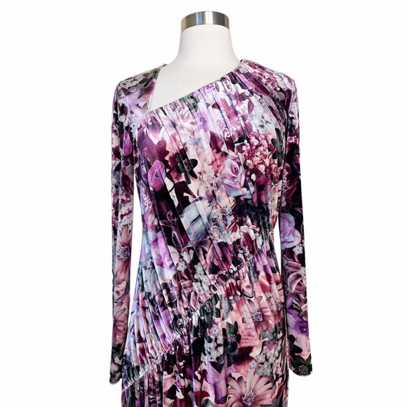 AIDAN MATTOX Velvet Dress Floral Maxi Stretch Multicolor Pink Long Sleeve 6 NWT - Picture 8 of 11